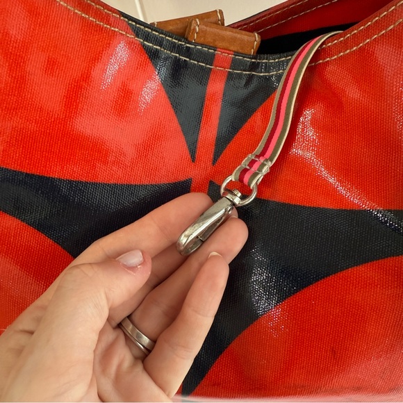 Vintage Orla Kiely Red Navy Blue Solid Stem Shoulder Bag Tote Floral Handbag - Picture 5 of 16